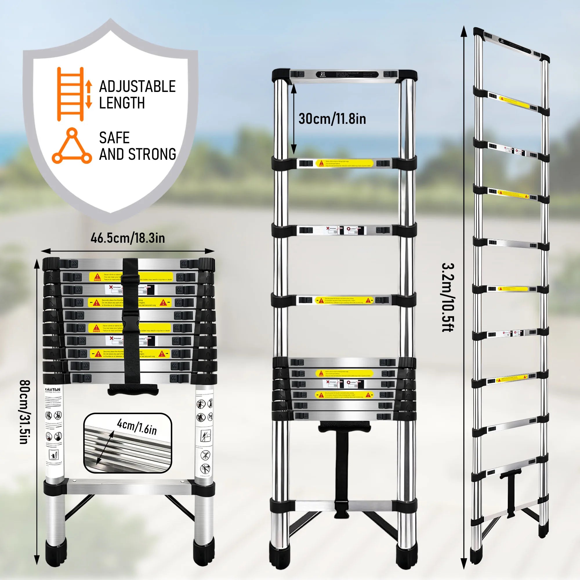 Uitschuifbare telescopische ladder van roestvrij staal
