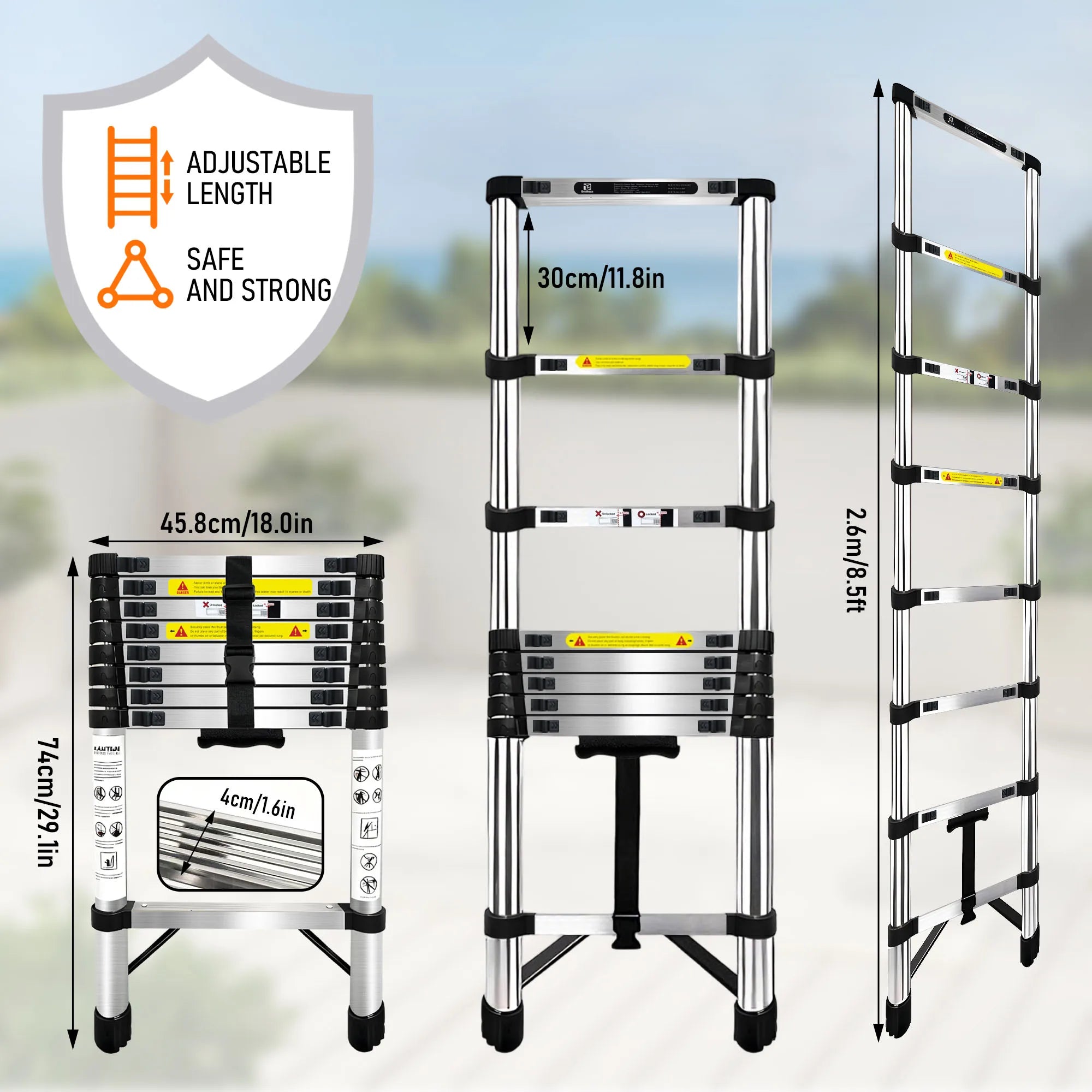 Uitschuifbare telescopische ladder van roestvrij staal