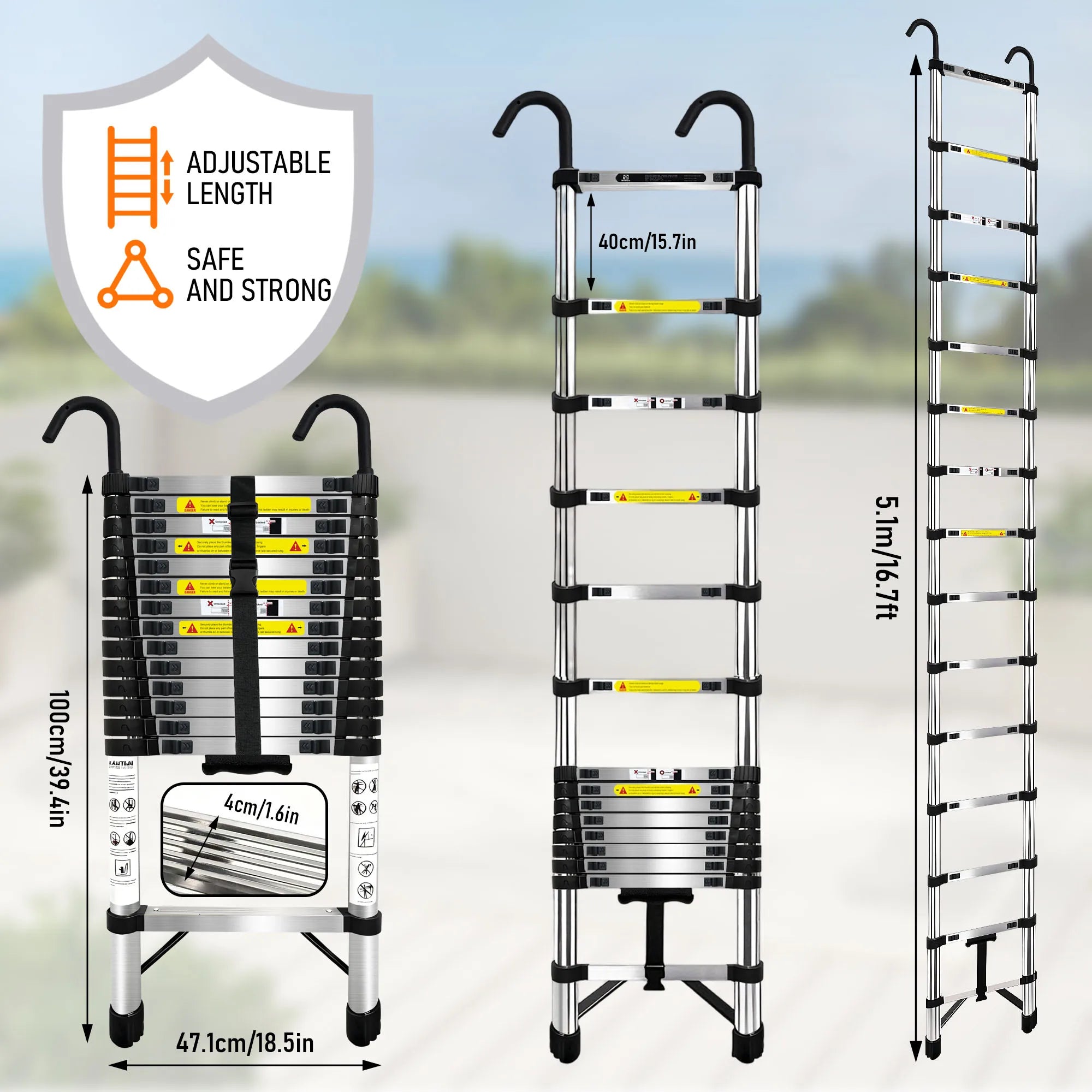Uitschuifbare telescopische ladder van roestvrij staal