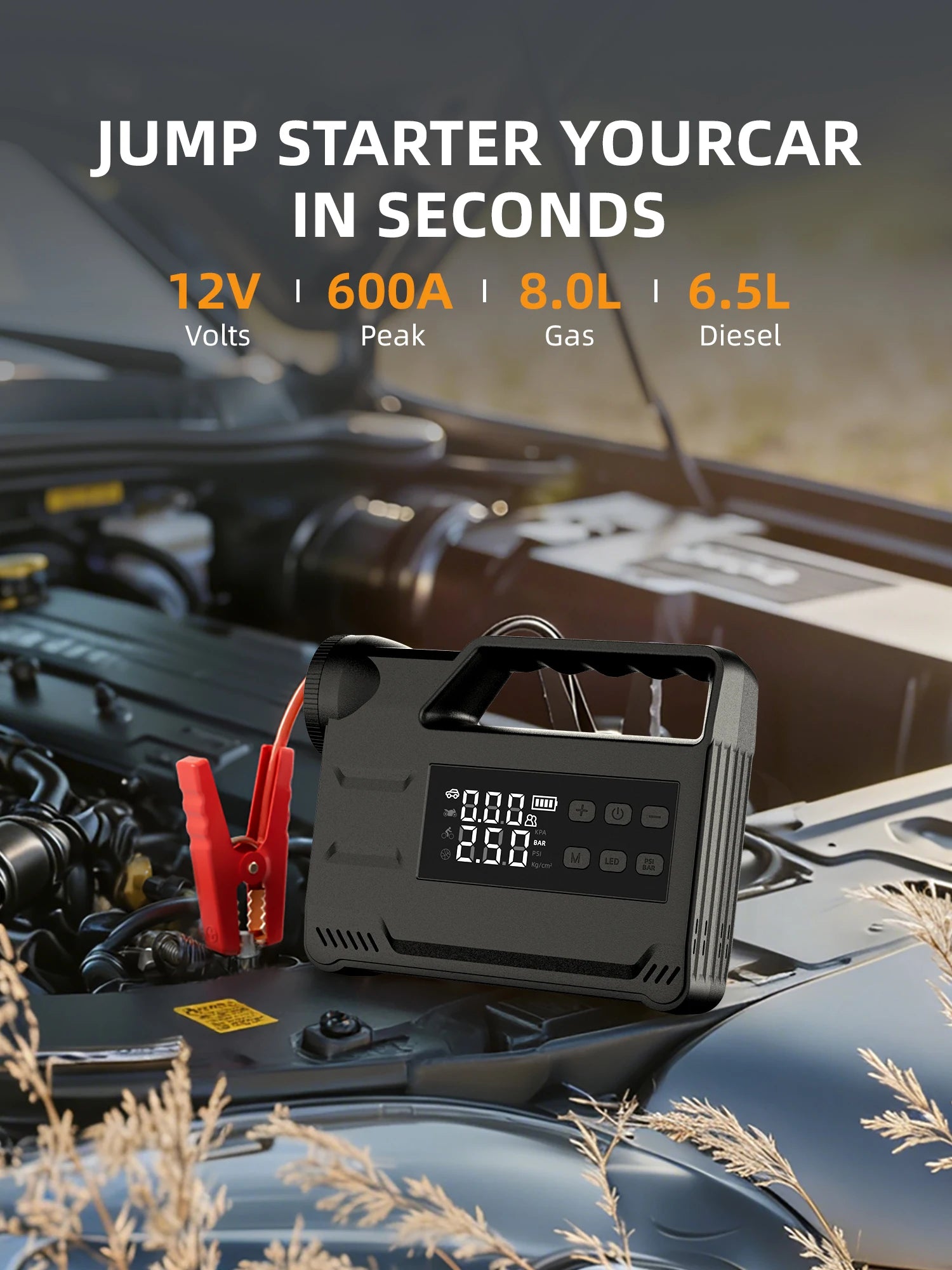 6-in-1 jumpstarter met bandenpomp en powerbank