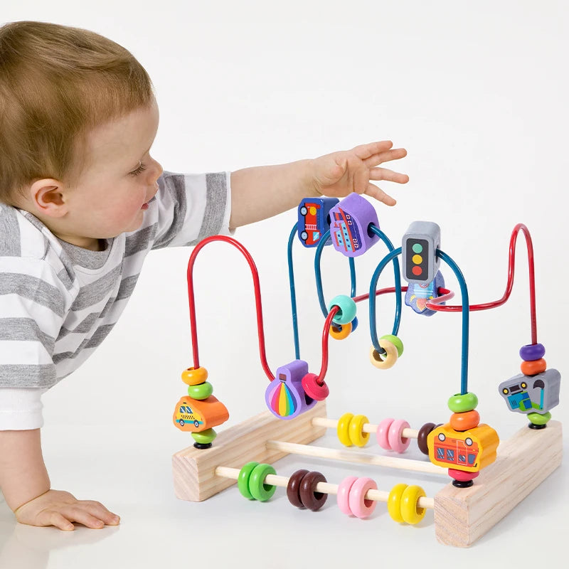 Montessori houten rollercoaster met kralendoolhof en telraam