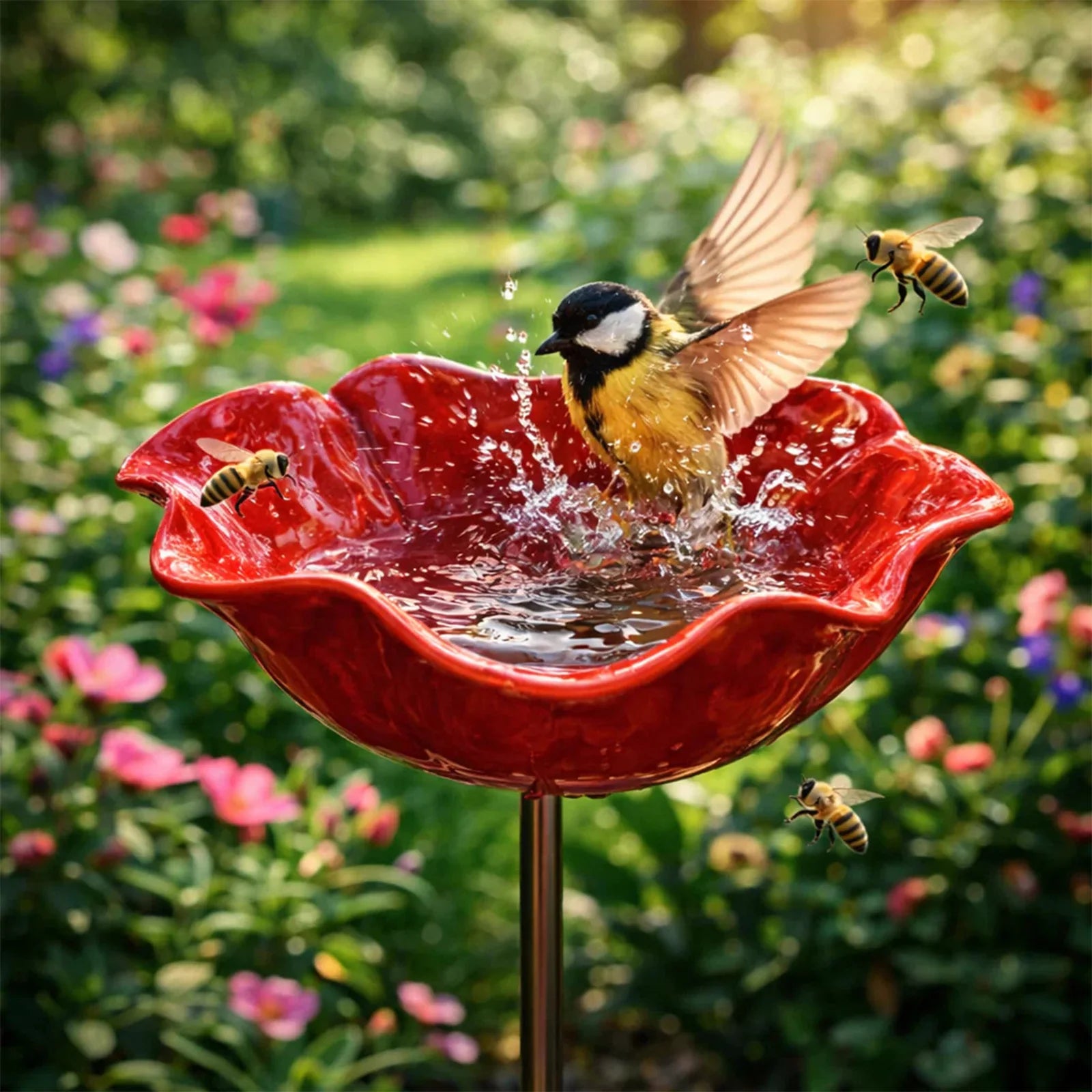 Bloemvormige metalen waterhouder op standaard