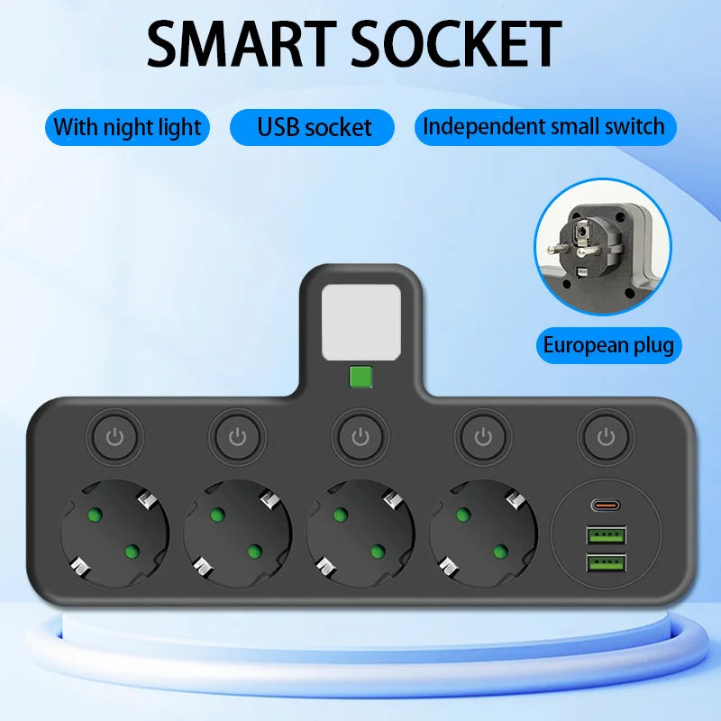 EU stekkerdoos met 4 stopcontacten, 2 USB-poorten en 1 USB-C-poort