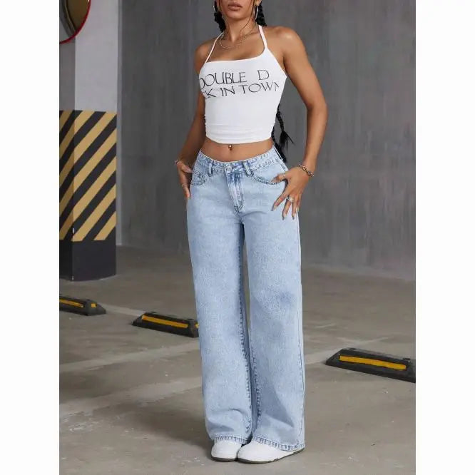 Y2K straight dark denim broek