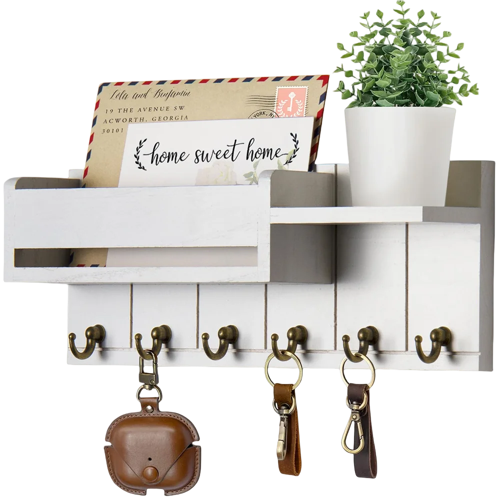 Rustieke houten wandplank met 6 haken voor post en sleutels
