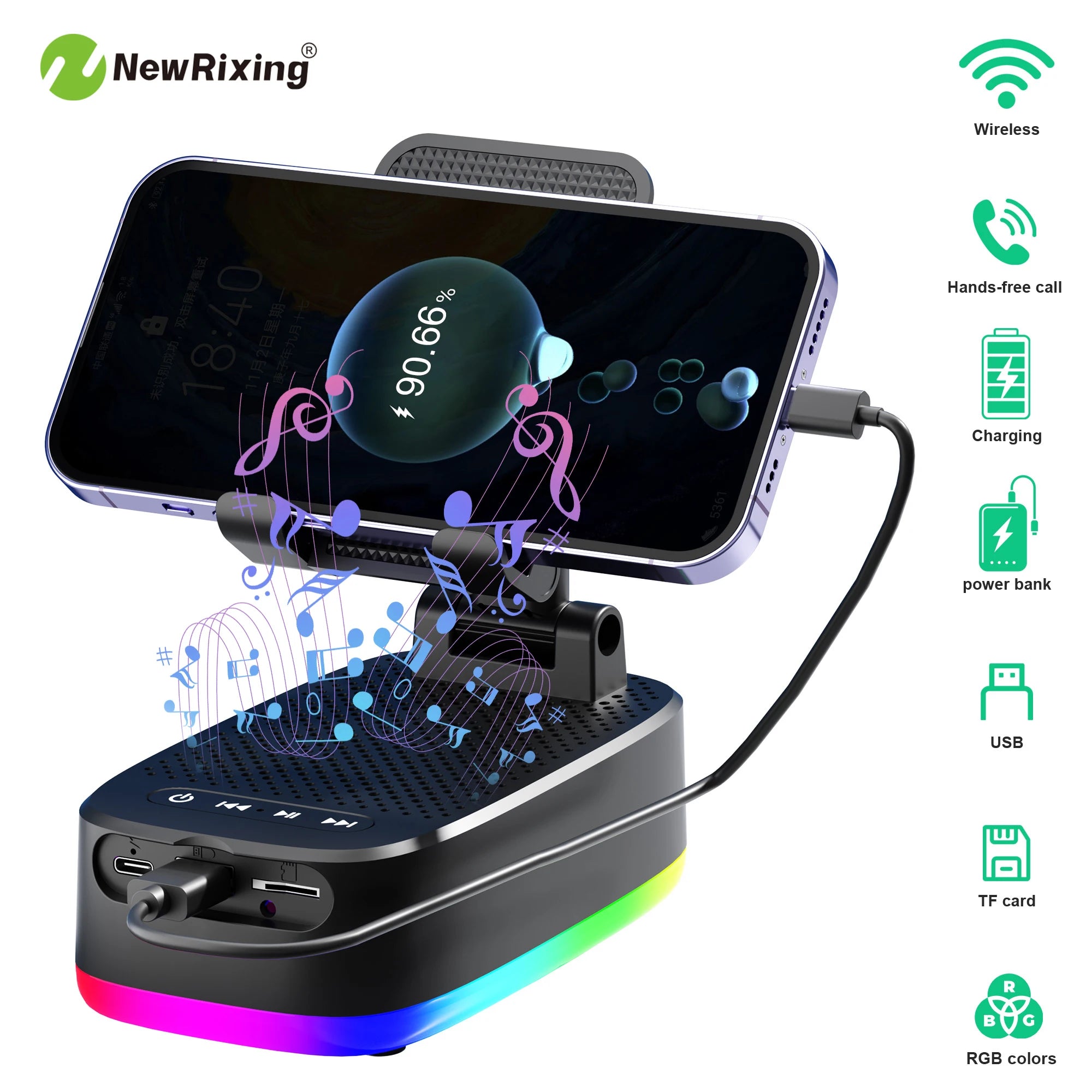 Telefoonhouder met 6W draadloze speaker, RGB-verlichting en ingebouwde powerbank
