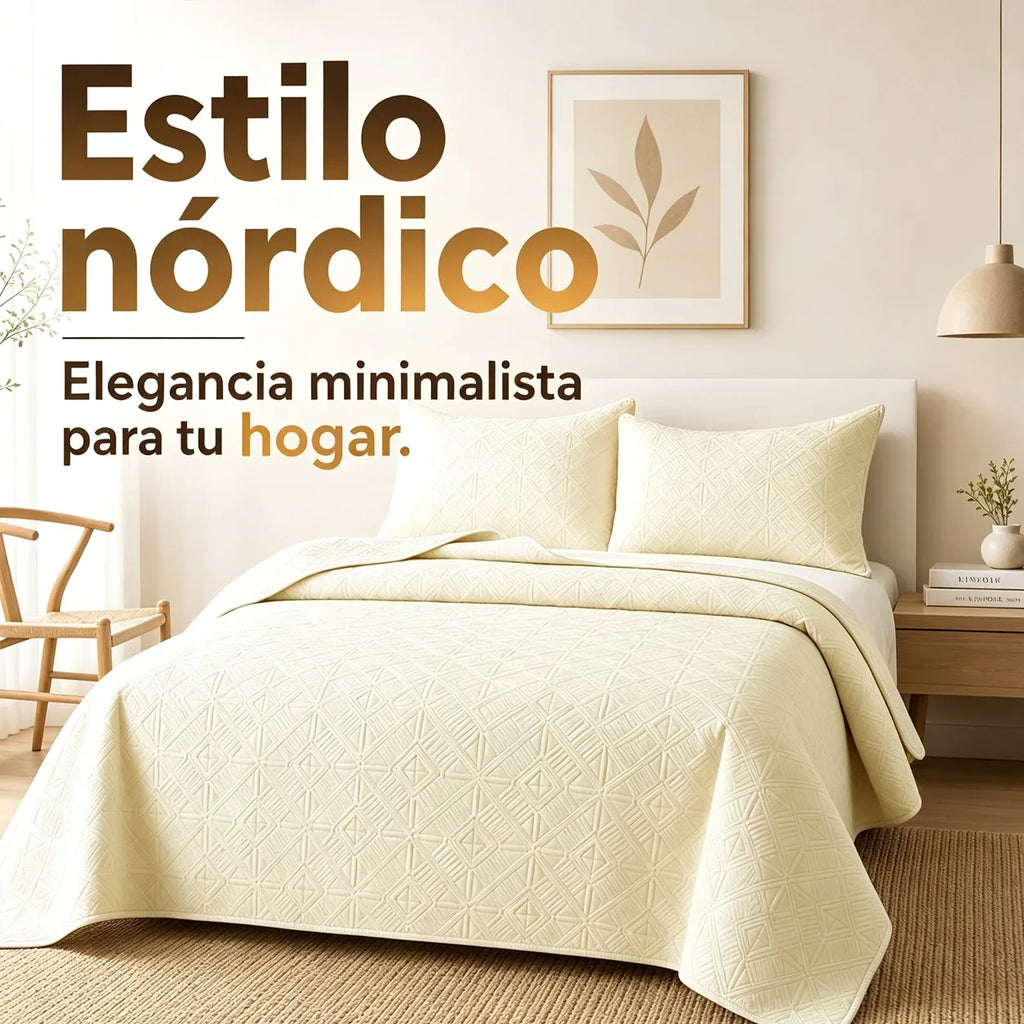 Gewatteerde bedsprei met 2 kussenslopen, Scandinavische stijl
