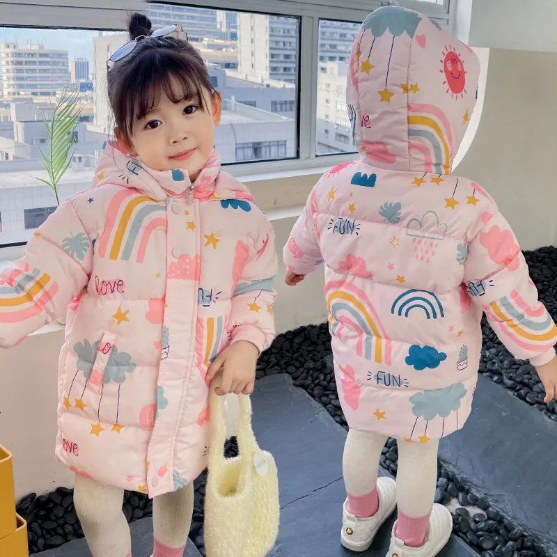 Lange kinderwinterjas met regenboog - afbeelding 3