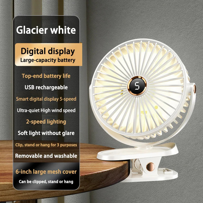Oplaadbare klemventilator met LED-licht (8000mAh)