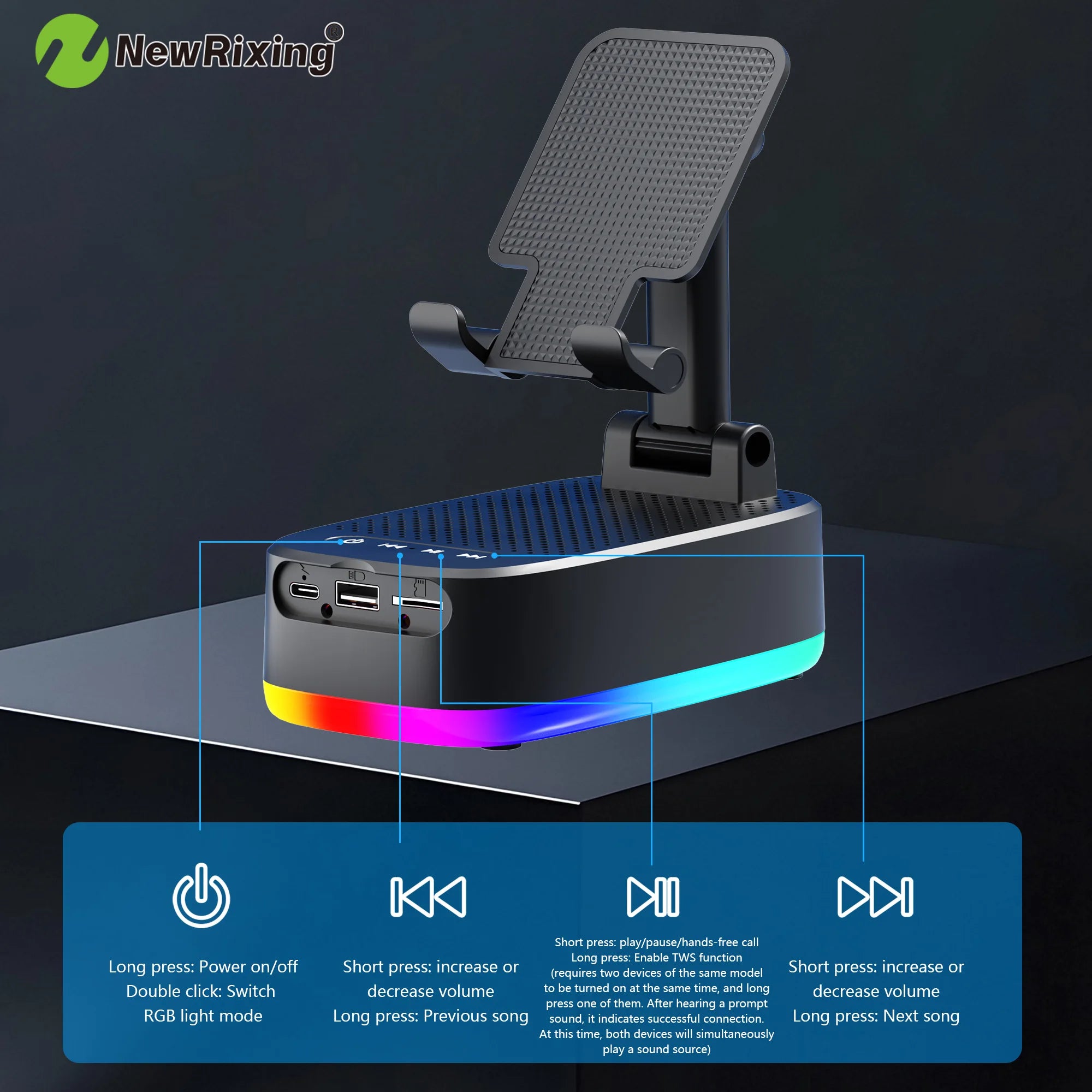 Telefoonhouder met 6W draadloze speaker, RGB-verlichting en ingebouwde powerbank