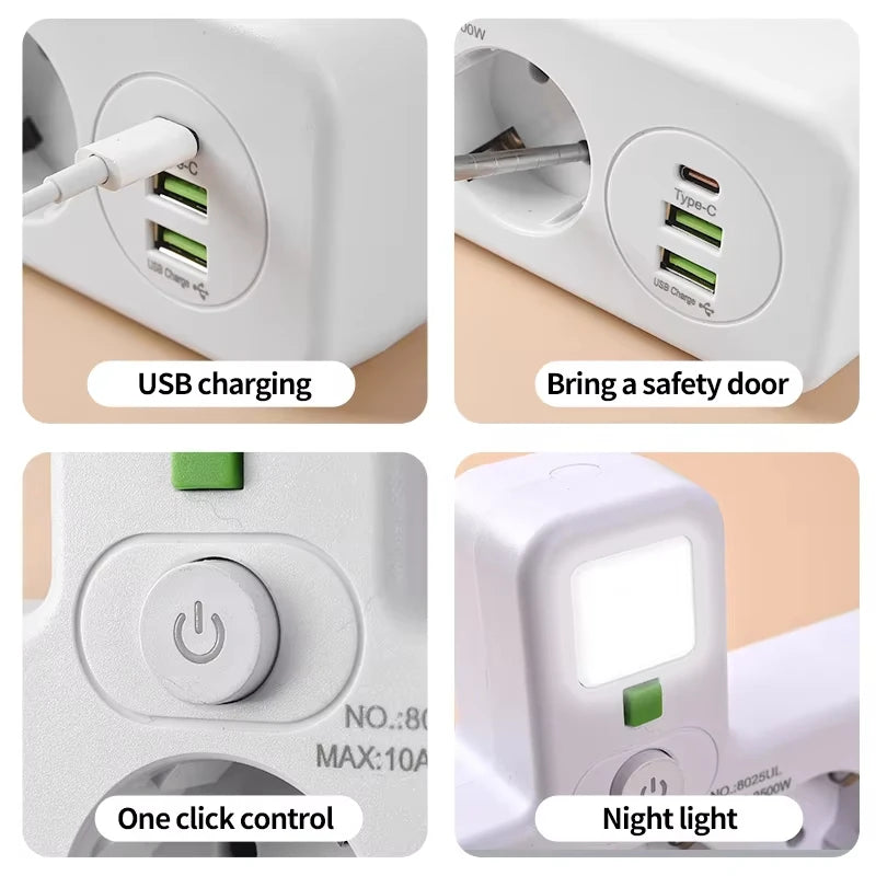 EU stekkerdoos met 4 stopcontacten, 2 USB-poorten en 1 USB-C-poort