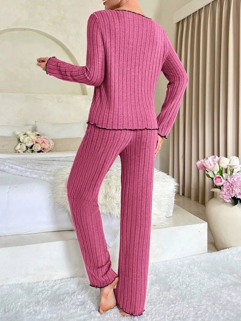 Geribde pyjama met V-hals - afbeelding 7