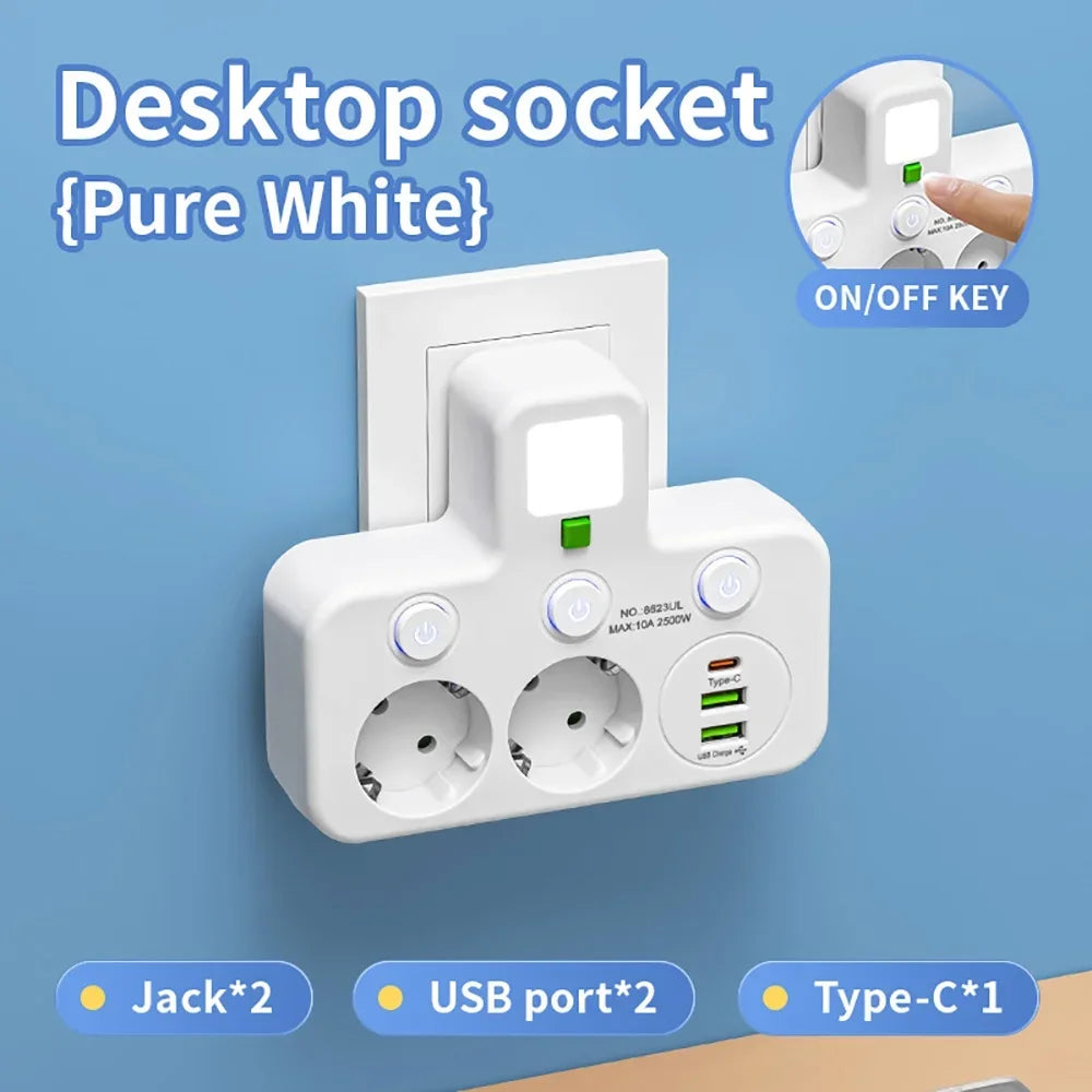 EU stekkerdoos met 4 stopcontacten, 2 USB-poorten en 1 USB-C-poort