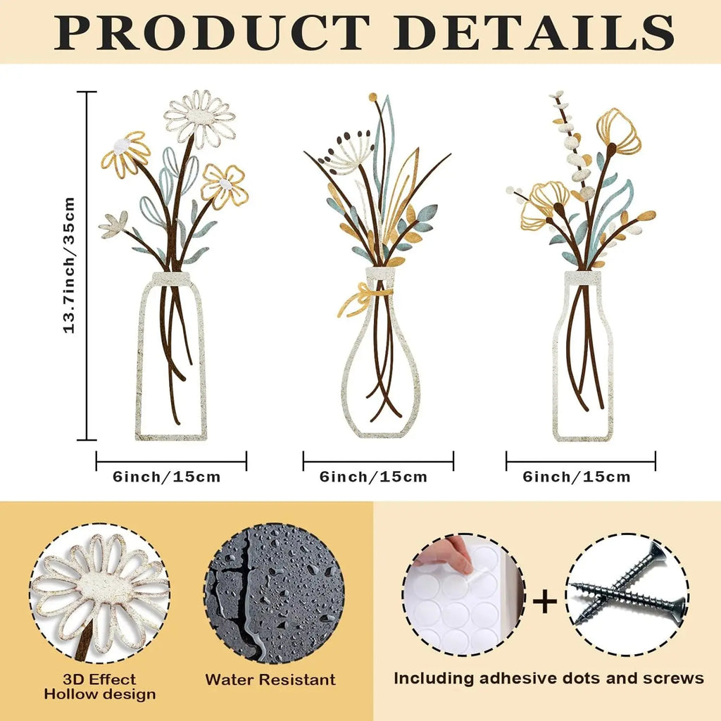 3-delige metalen bloemen wanddecoratie