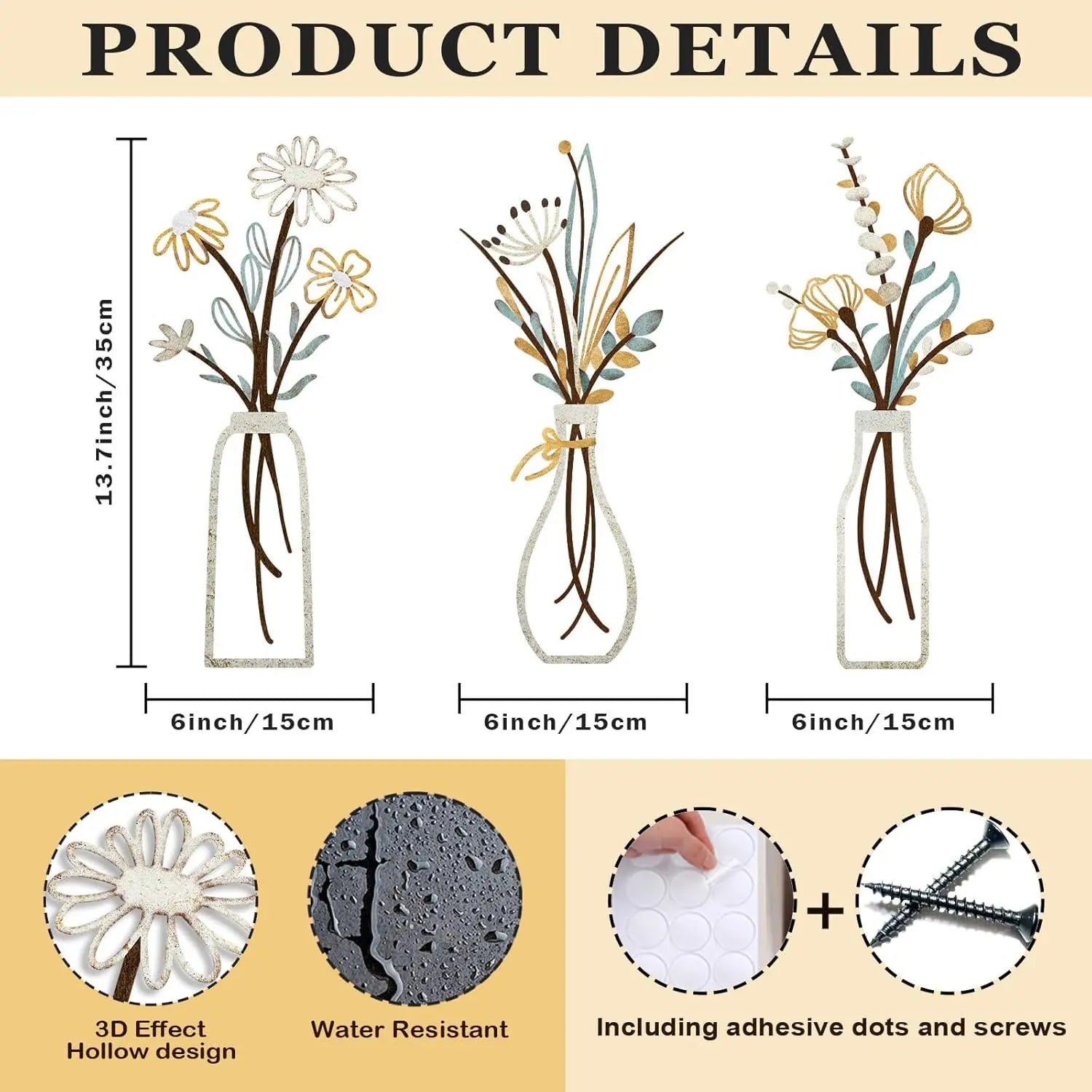 3-delige metalen bloemen wanddecoratie