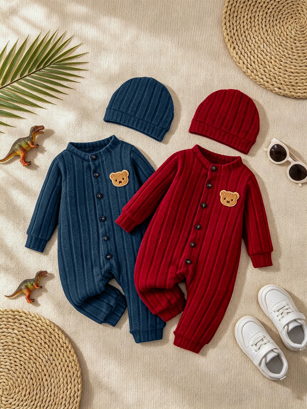 Rode herfst- en winteronesie met bijpassend mutsje