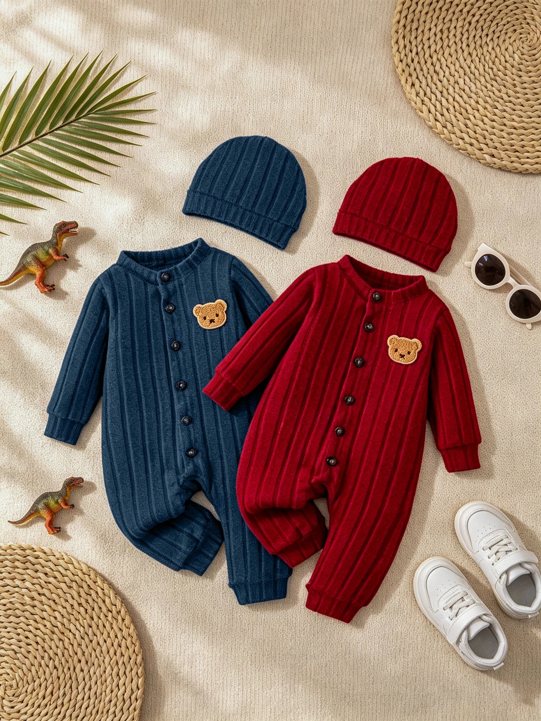 Rode herfst- en winteronesie met bijpassend mutsje