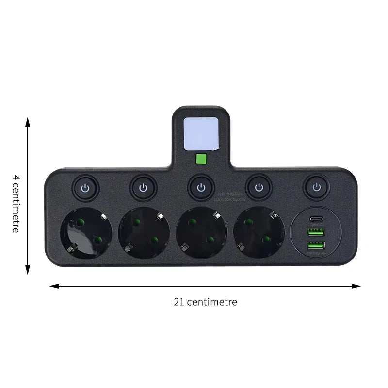 EU stekkerdoos met 4 stopcontacten, 2 USB-poorten en 1 USB-C-poort