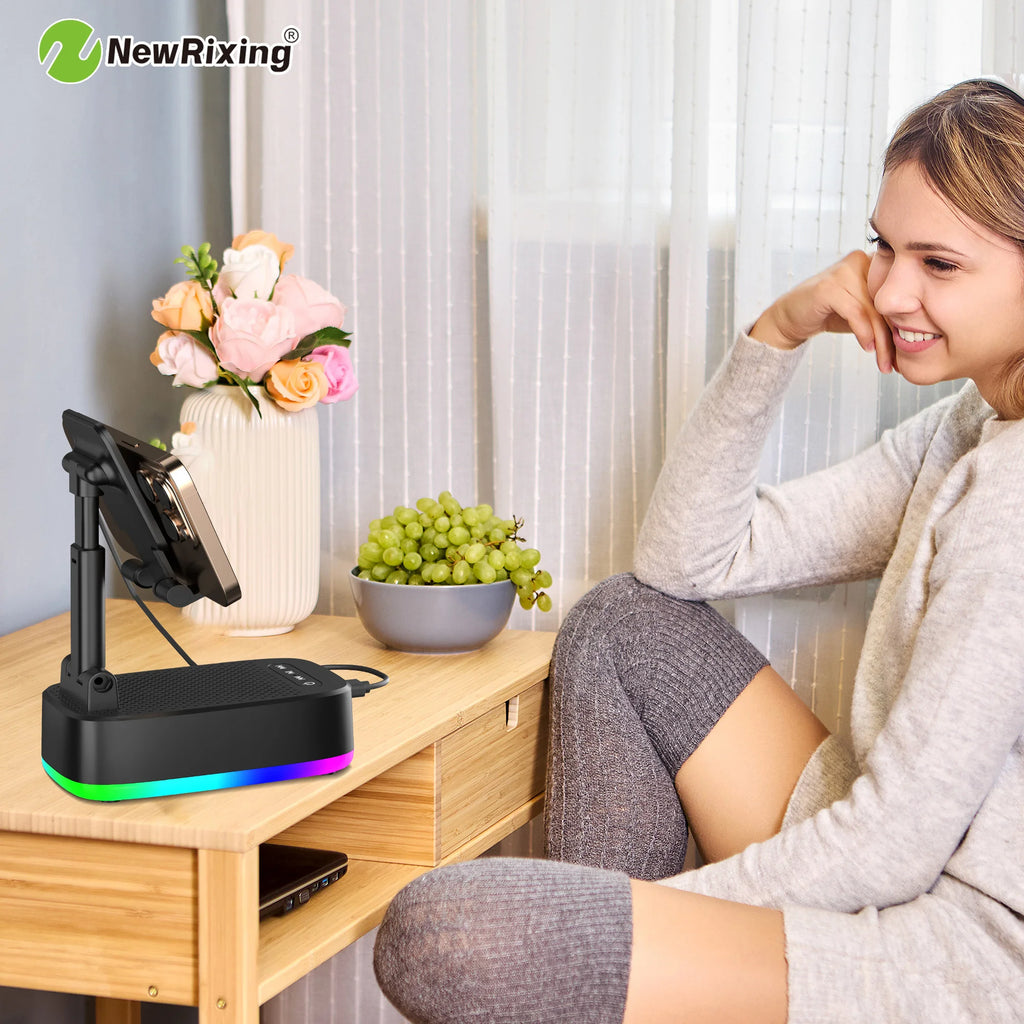 Telefoonhouder met 6W draadloze speaker, RGB-verlichting en ingebouwde powerbank