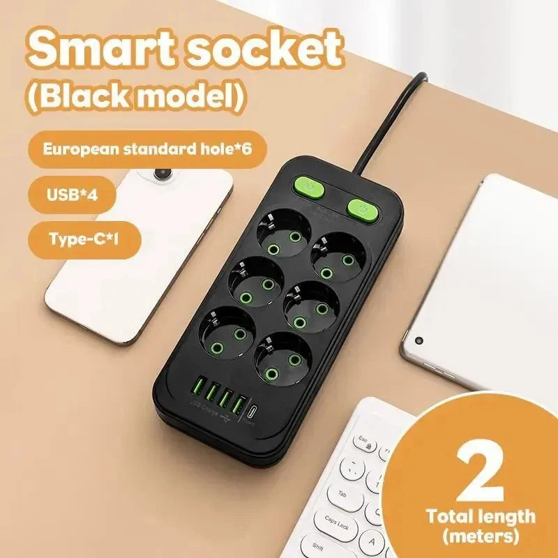 EU stekkerdoos met 4 stopcontacten, 2 USB-poorten en 1 USB-C-poort