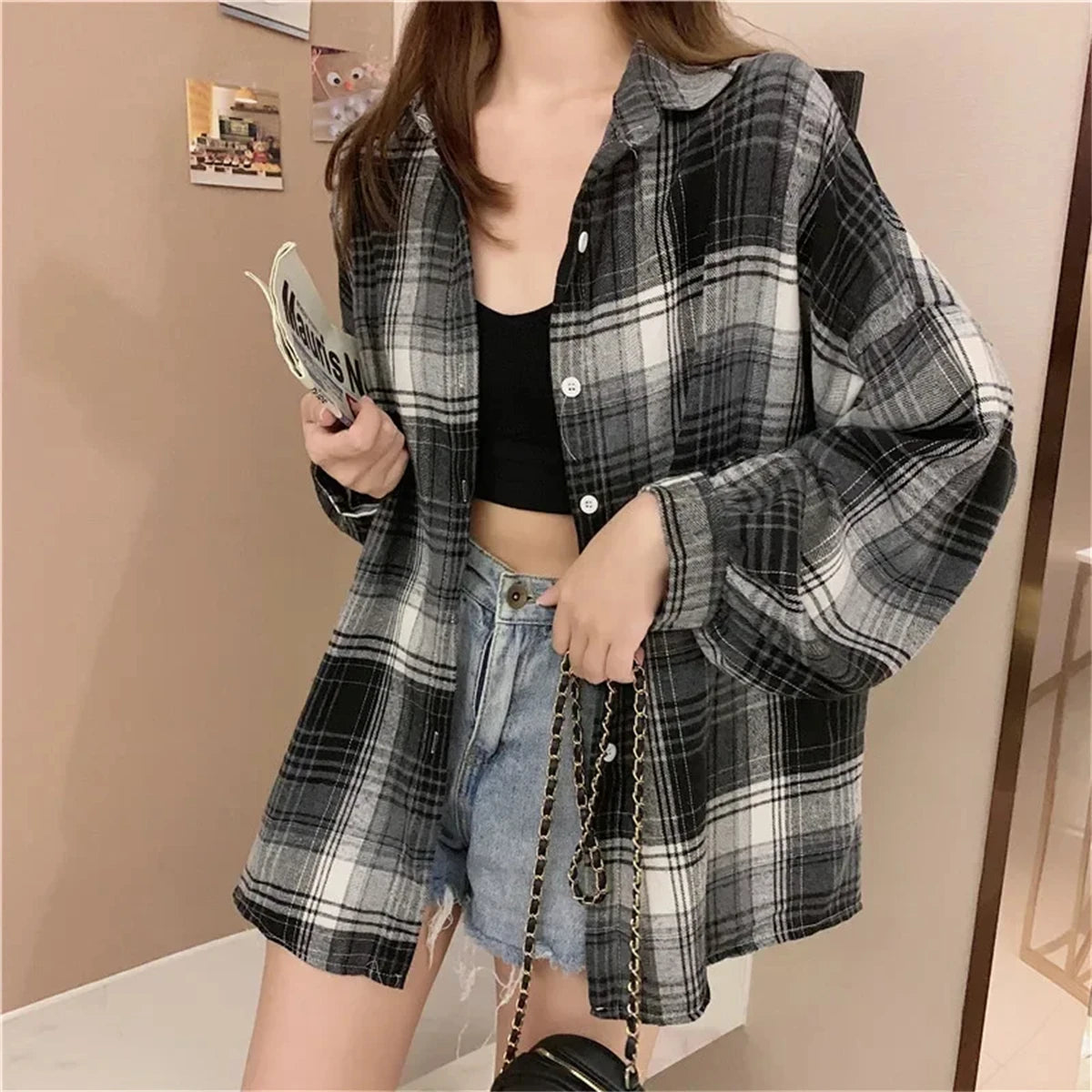 Oversized geruite blouse - afbeelding 4