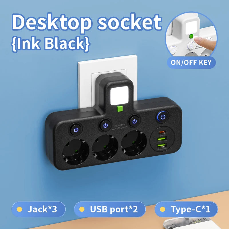 EU stekkerdoos met 4 stopcontacten, 2 USB-poorten en 1 USB-C-poort