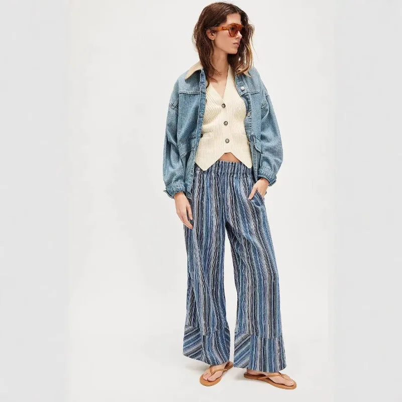 Dames wide leg broek met print en strepen