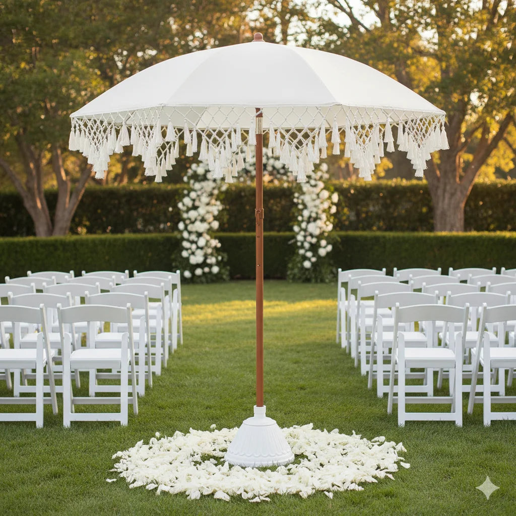 UPF50+ driehoekige zonneschermparasol met elegante kwastdetails