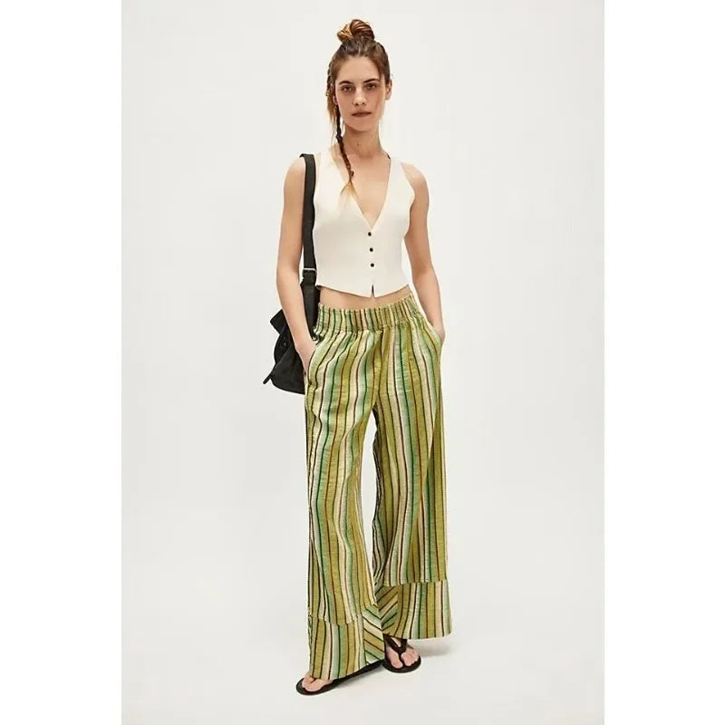 Dames wide leg broek met print en strepen