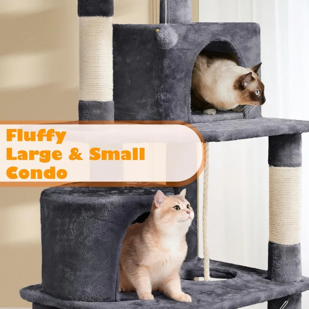 62,5 inch kattenkrabpaal met platform, hangmat en kattenhuis