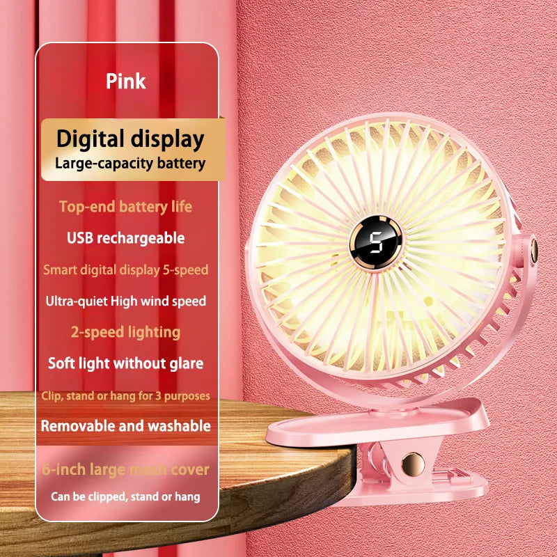 Oplaadbare klemventilator met LED-licht (8000mAh)