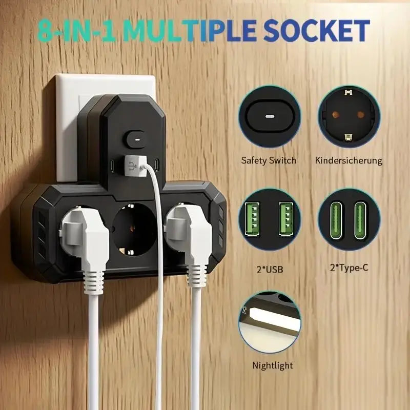EU stekkerdoos met 4 stopcontacten, 2 USB-poorten en 1 USB-C-poort