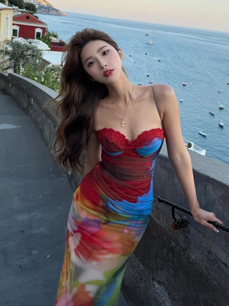 Mesh-maxi-jurk met print