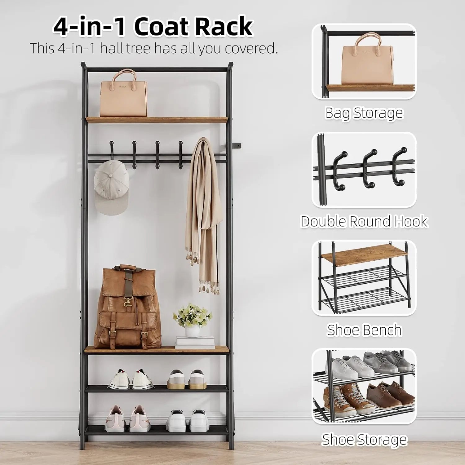 Kapstok met schoenenrek en zitbank, 4-in-1