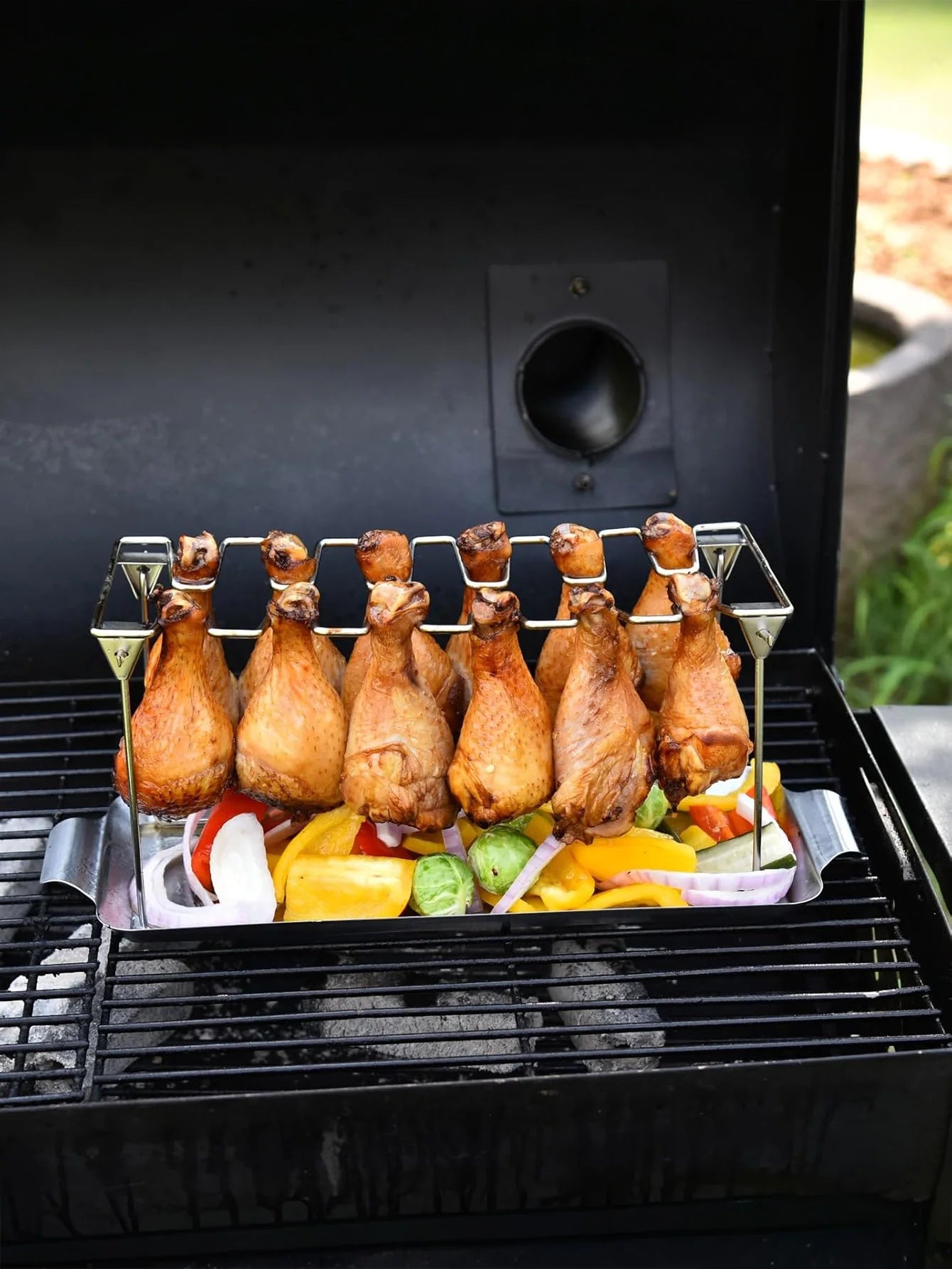 Premium roestvrijstalen kippenpoot grillhouder met lekbak
