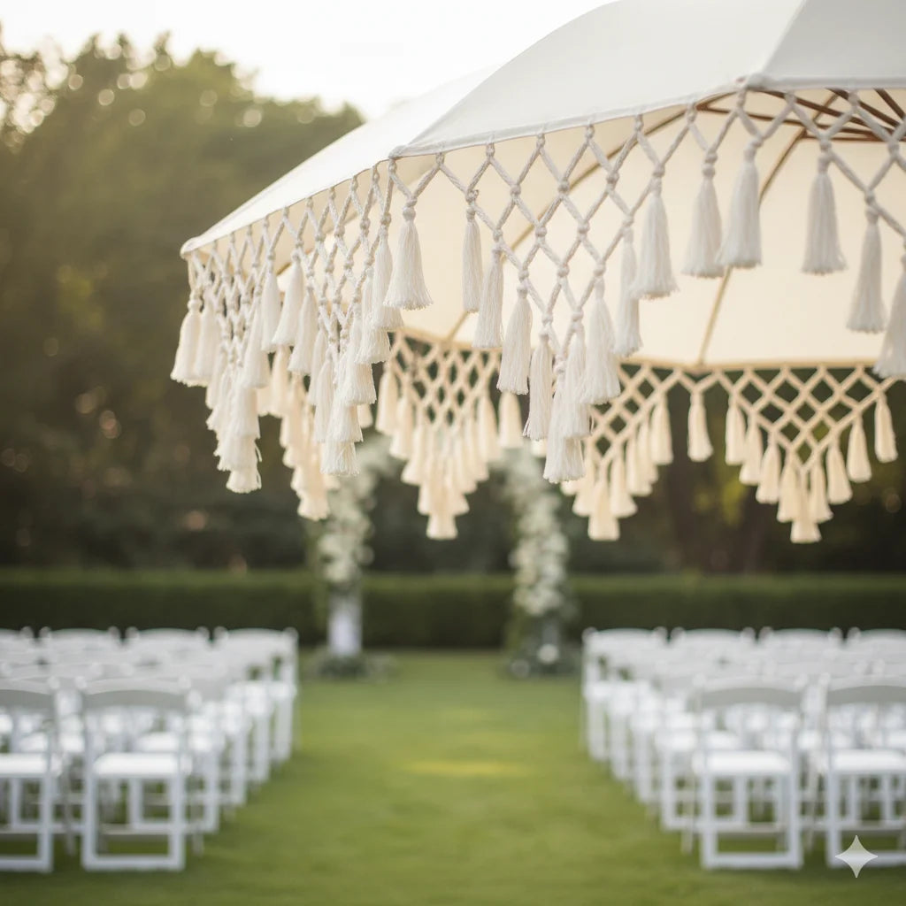 UPF50+ driehoekige zonneschermparasol met elegante kwastdetails