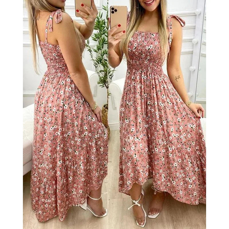 Gesmokte maxi-jurk met strikbandjes - afbeelding 3
