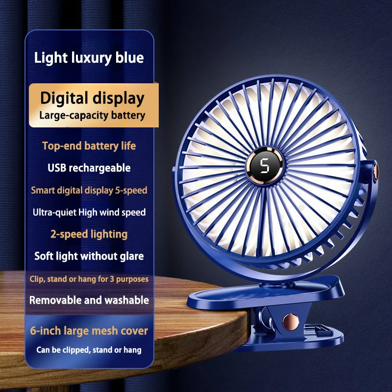 Oplaadbare klemventilator met LED-licht (8000mAh)