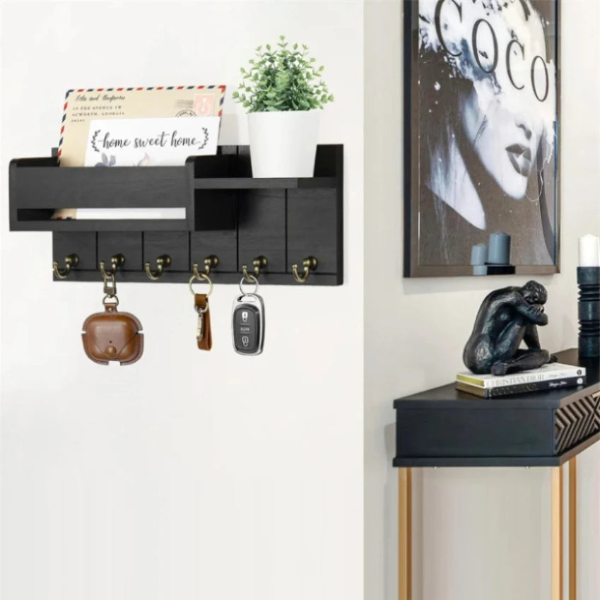 Rustieke houten wandplank met 6 haken voor post en sleutels