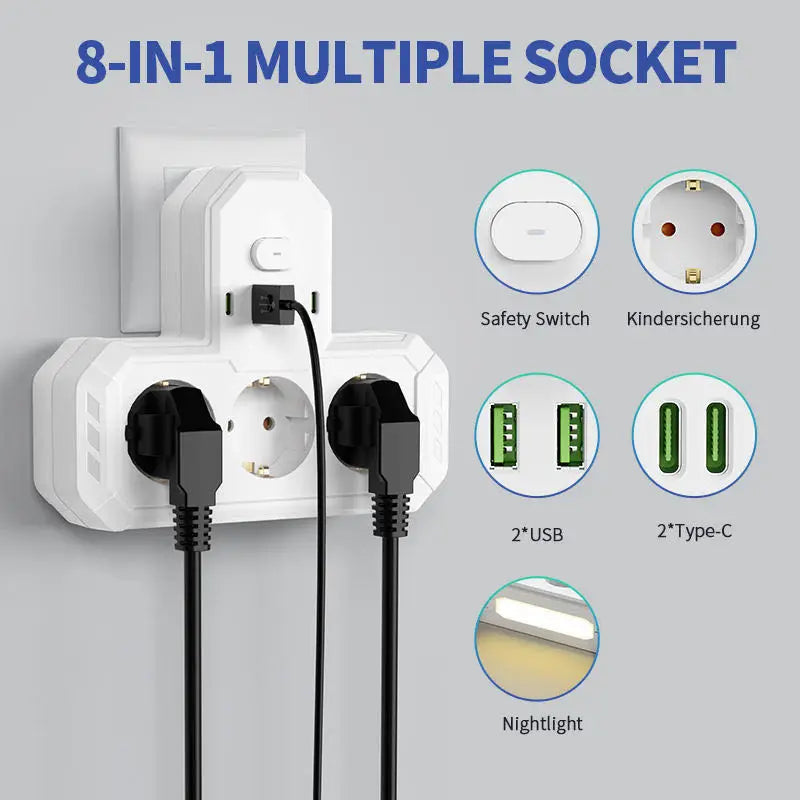 EU stekkerdoos met 4 stopcontacten, 2 USB-poorten en 1 USB-C-poort