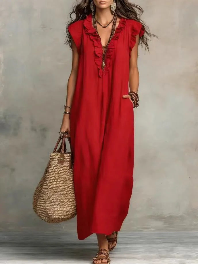 Dames boho maxi jurk van katoen en linnen