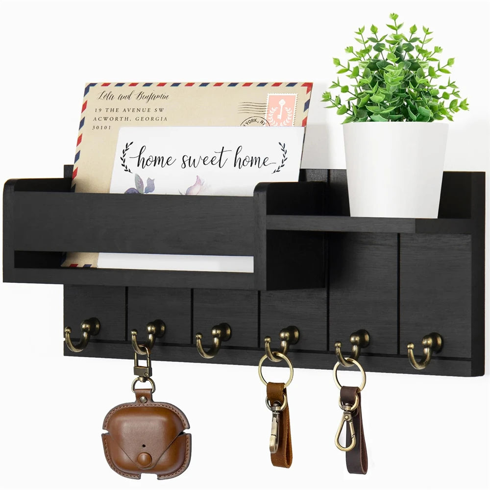 Rustieke houten wandplank met 6 haken voor post en sleutels