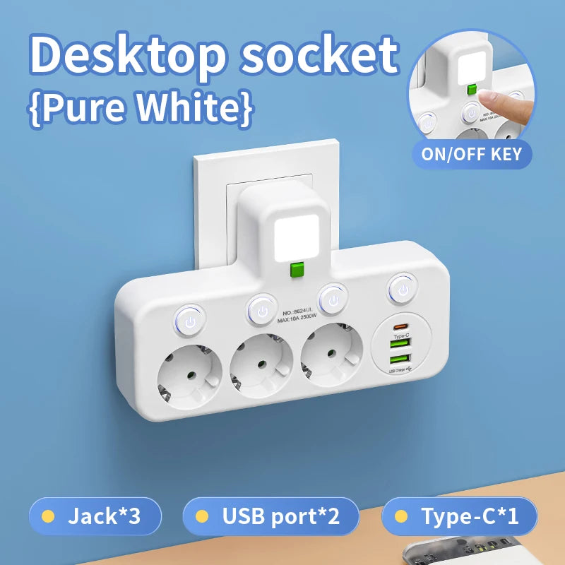 EU stekkerdoos met 4 stopcontacten, 2 USB-poorten en 1 USB-C-poort