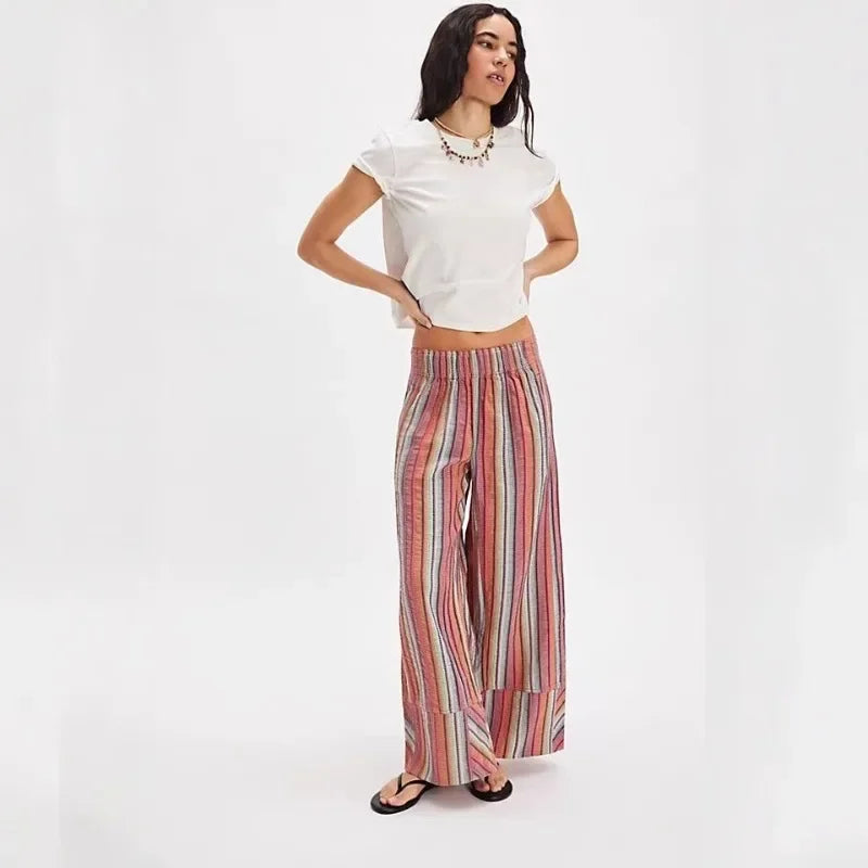 Dames wide leg broek met print en strepen