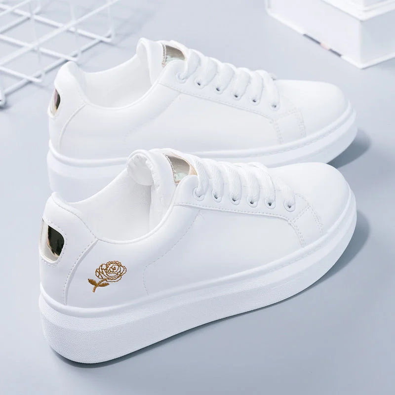 Witte plateausneakers met roosje - afbeelding 6