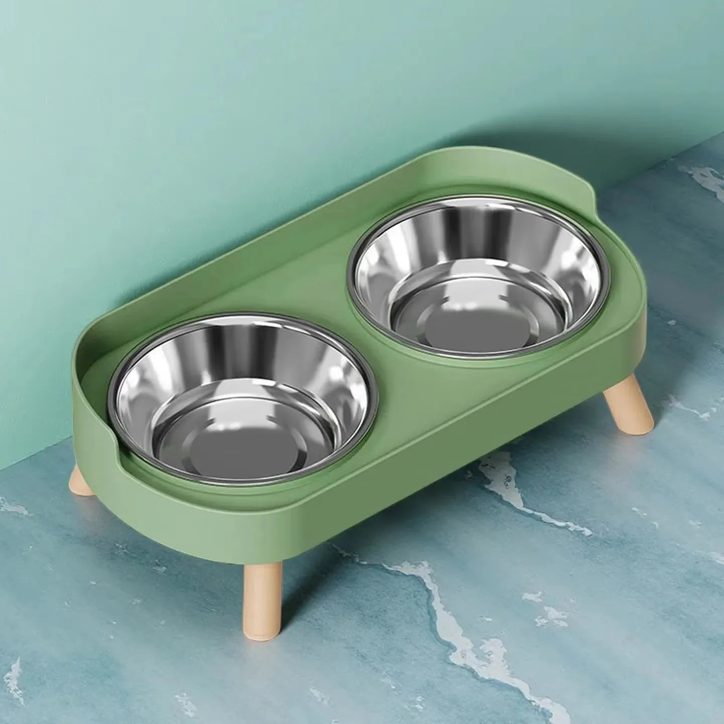 Modieuze voer- en drinkstation met dubbele roestvrijstalen bakken
