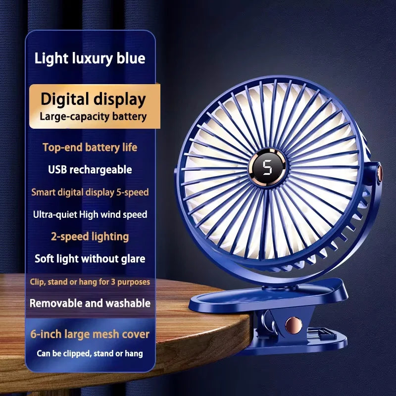 Oplaadbare klemventilator met LED-licht (8000mAh)