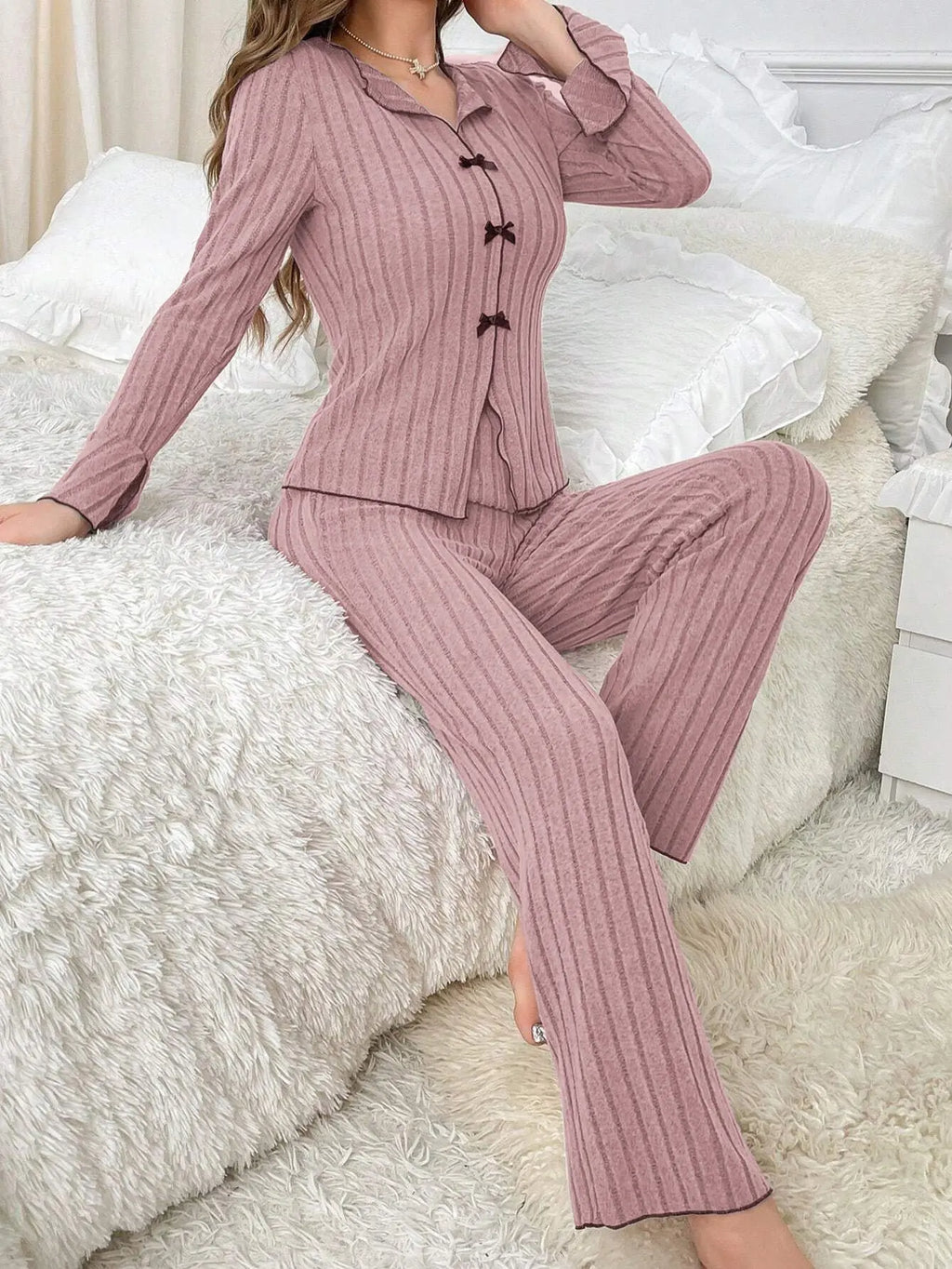 Geribde pyjama met strikjes - afbeelding 21