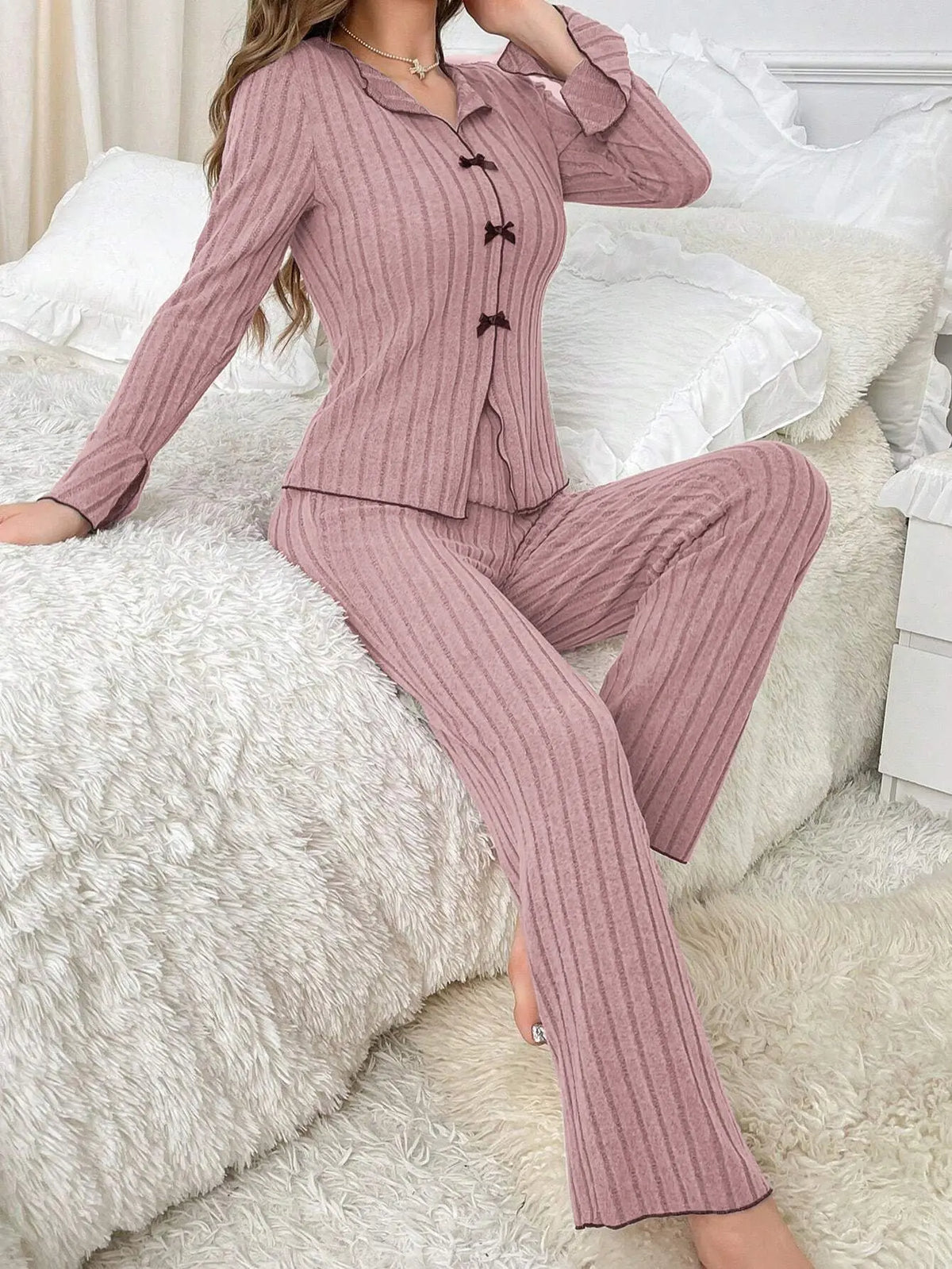 Geribde pyjama met strikjes - afbeelding 21