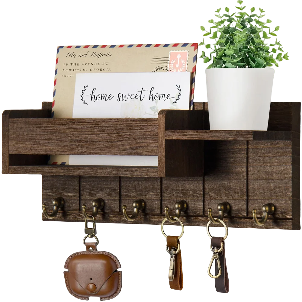 Rustieke houten wandplank met 6 haken voor post en sleutels